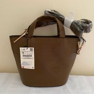 NWT Zara Brown Croc-Embossed Top-Handle Tote Bag